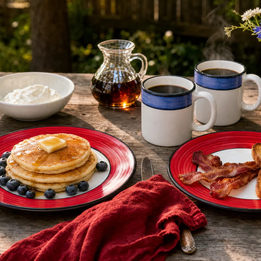 Breakfast table arranged with plates, cups, and serving pieces